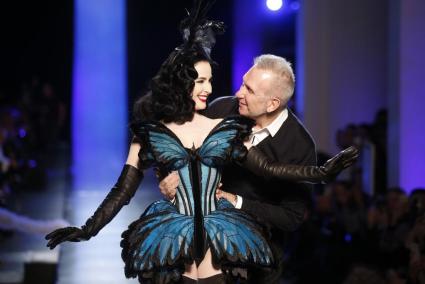 French designer Jean-Paul Gaultier and burlesque star Dita Von Teese appear at the end of hisHaute Couture Spring/Summer 2014 fa