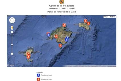 PORTAL. La web incluye un mapa en el que se visualizan los distintos campos de fondeo de Balears - Archivo