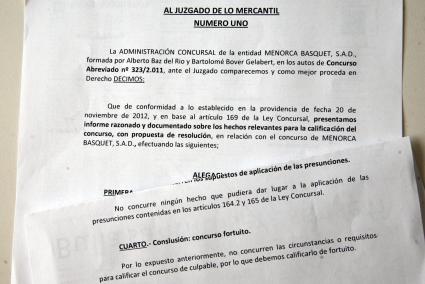 Documento. La imagen detalla un par de pasajes del informe redactado por los administradores concursales sobre las causas y responsabilidades de la extinción del Menorca. El mismo no considera que el equipo directivo incurriera en graves faltas.