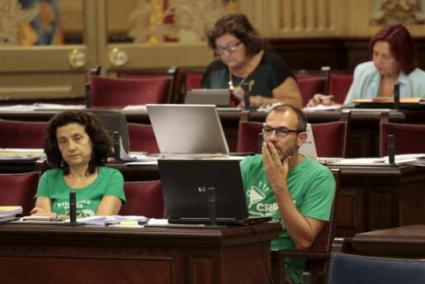 Los portavoces de MÉS per Mallorca Fina Santiago y Biel Barceló durante una sesión del Parlament.