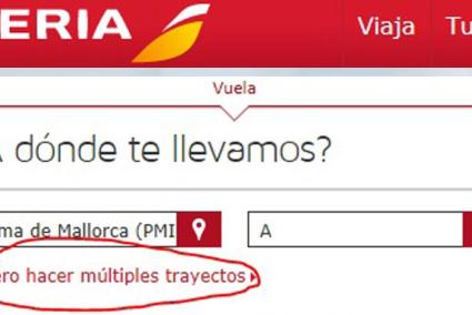 Quiero hacer múltiples trayectos. Esta es la opción que cabe seleccionar en la página de Iberia para que se abra la ventana (deb