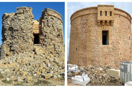 Les dues fotografies mostren perfectament el grau de deteriorament que presentava la torre, i la feina que s’ha fet per a recuperar la seva millor imatge.