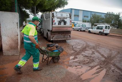 Un miembro de la brigada municipal, en las tareas de limpieza del polígono