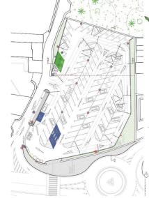 Plano de la nueva zona de estacionamiento, que contará con 38 plazas para coches y seis para motocicletas.