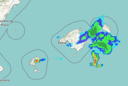 Imagen del radar de precipitaciones sobre las 15.15 horas, donde se aprecia que la tormenta ya había remitido y el núcleo se desplazaba por el sur de Menorca.