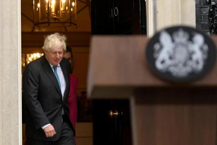 Outgoing British Prime Minister Boris Johnson delivers a speech on his last day in office