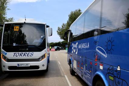 Dos de los autobuses que realizan el trayecto en las playas de la costa sur de Ciutadella.