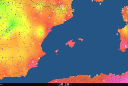 Mapa con las temperaturas de sensación este sábado a las 15 horas: ha llegado a los 41 grados en Menorca