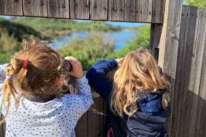 Dues joves inscrites en l’activitat «Ocells a la vista» observen les aus a través dels prismàtics.