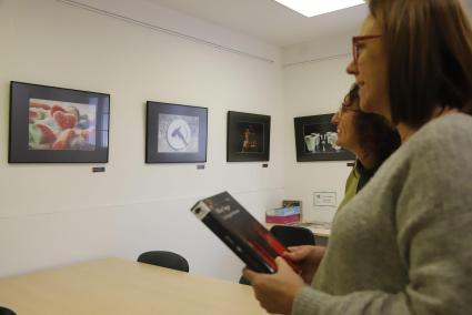 Dues persones contemplen les obres que estan penjades a les parets de la biblioteca des Castell.