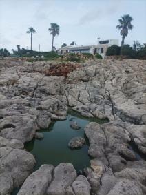 El agua sucia retenida en las rocas y al fondo, la vivienda. 