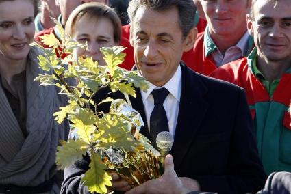 France's President Sarkozy receives an oak, as a gift after the birth of his daughter, during a visit of a recycling factory nea