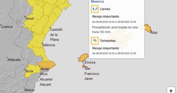 Cambio drástico del tiempo: aviso naranja por lluvias en Menorca el martes